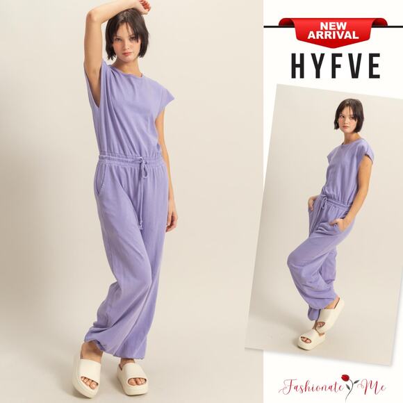 HYFVE Back Keyhole Crew Neck Cap Sleeves Loose Fit Drawstring Jumpsuit | Lilac - Picture 1 of 6